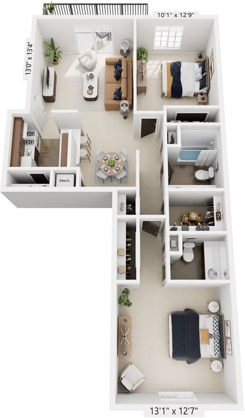 Floor plan for 2 beds, 1.5 baths, 922 sqft