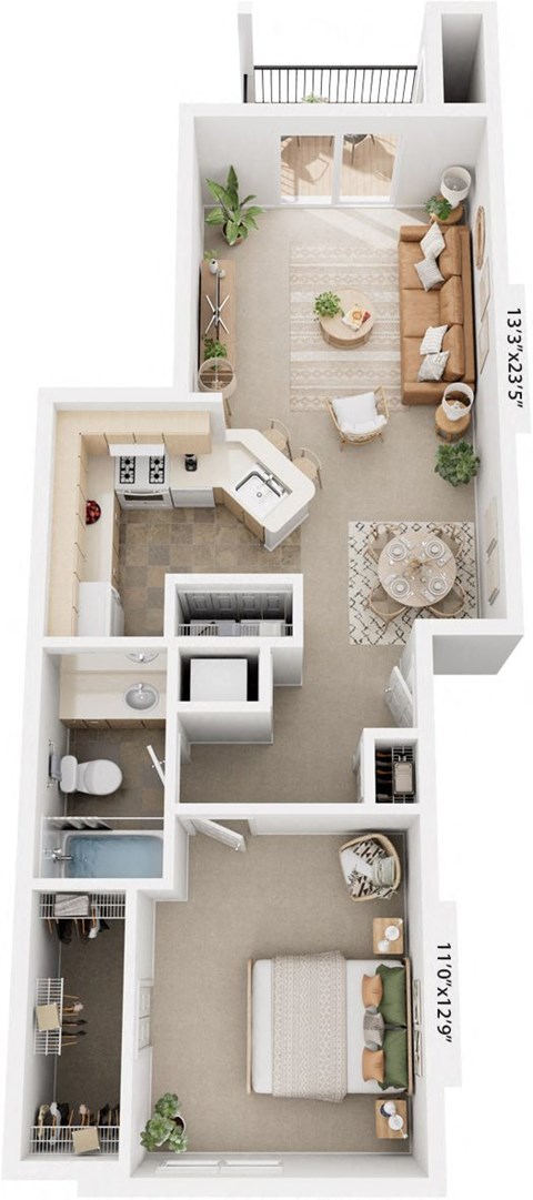 Floor plan for 1 bed, 1 bath, 807 sqft