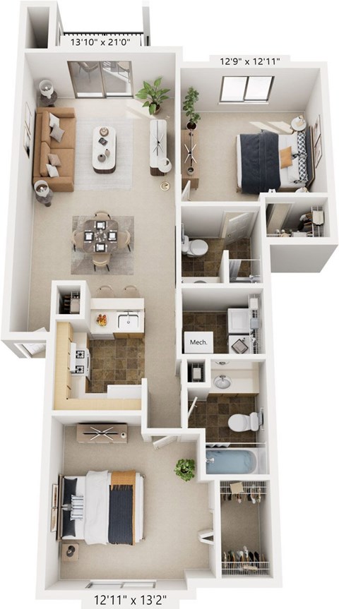 Floor plan for 2 beds, 2 baths, 1022 sqft