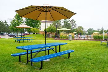 A blue picnic table with an umbrella on top of it