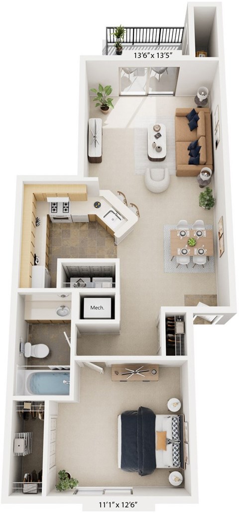 Floor plan for 1 bed, 1 bath, 729 sqft