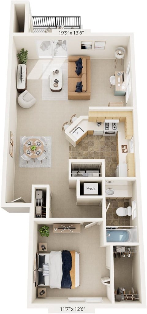 Floor plan for 1 bed, 1 bath, 815 sqft