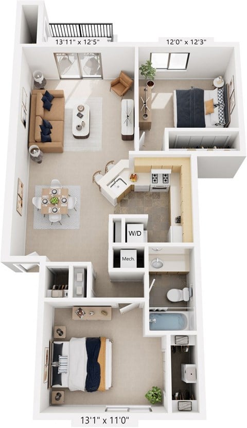Floor plan for 2 beds, 1 bath, 919 sqft