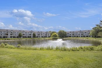 Serene pond with fountain