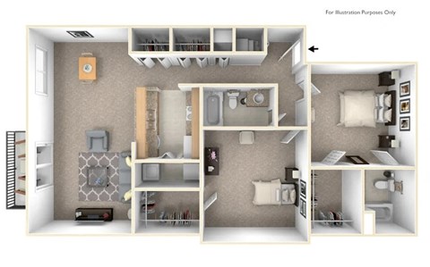 Floor plan for 2 beds, 2 baths, 1020 sqft