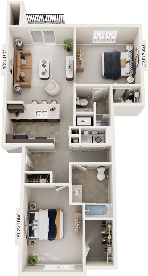 Floor plan for 2 beds, 2 baths, 1088 sqft