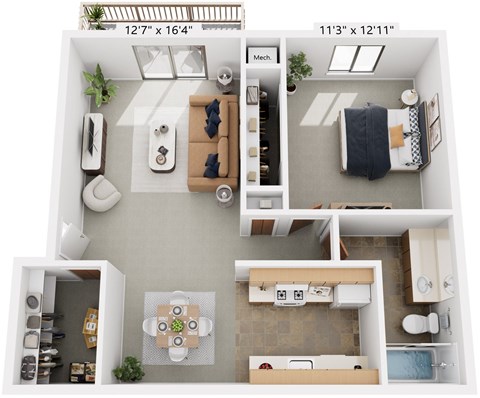 Floor plan for 1 bed, 1 bath, 734 sqft