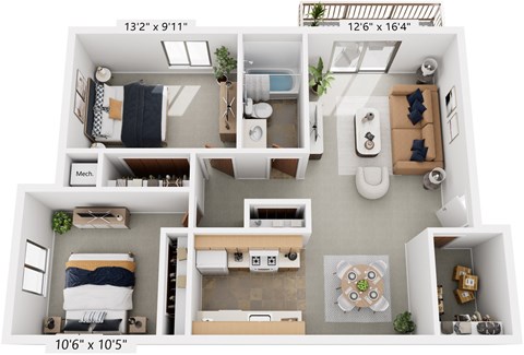 Floor plan for 2 beds, 1 bath, 901 sqft