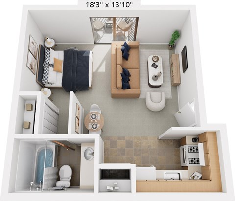 Floor plan for studio, 1 bath, 416 sqft
