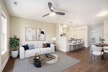 A living room with hard surface floors