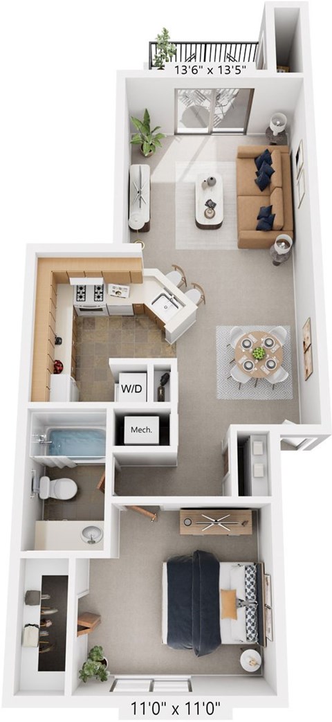 Floor plan for 1 bed, 1 bath, 689 sqft