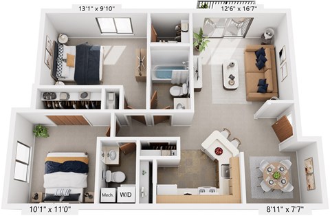 Floor plan for 2 beds, 1.5 baths, 835 sqft