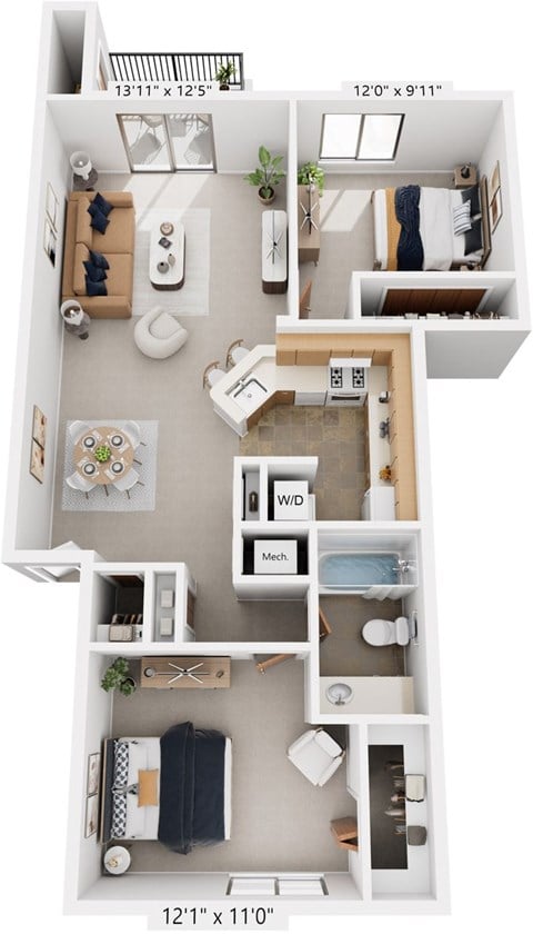 Floor plan for 2 beds, 1 bath, 919 sqft