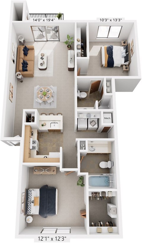 Floor plan for 2 beds, 2 baths, 991 sqft