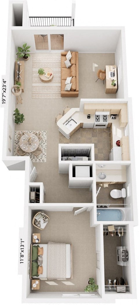 Floor plan for 1 bed, 1 bath, 851 sqft