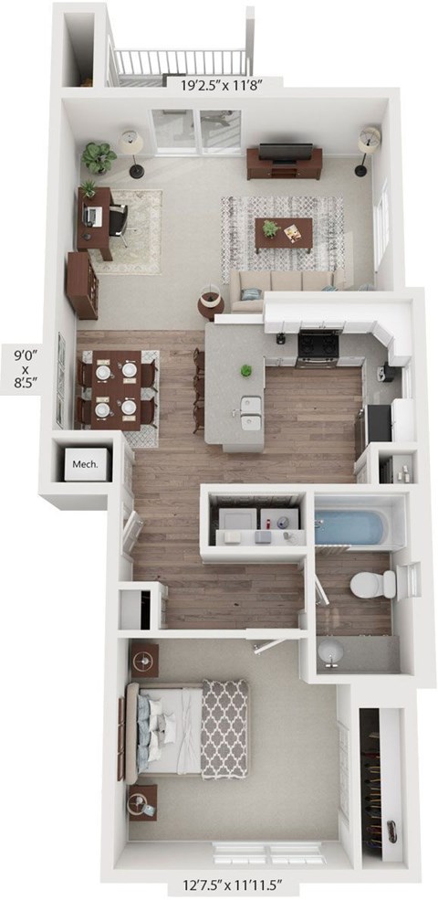 Floor plan for 1 bed, 1 bath, 852 sqft