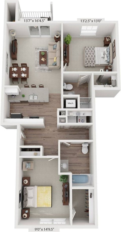 Floor plan for 2 beds, 2 baths, 1104 sqft