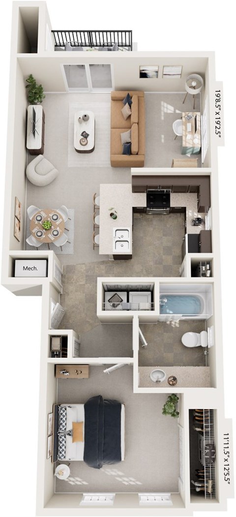 Floor plan for 1 bed, 1 bath, 842 sqft