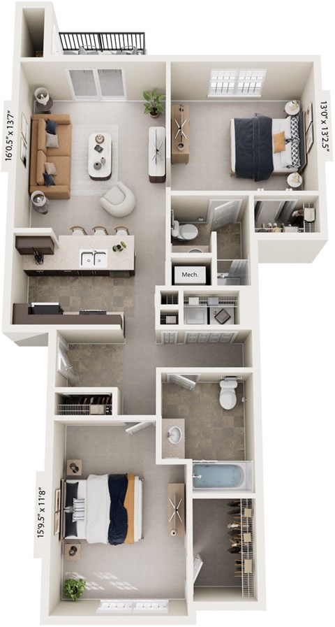 Floor plan for 2 beds, 2 baths, 1082 sqft