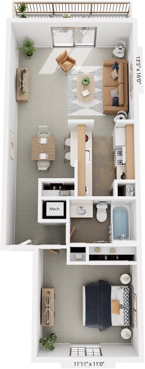 Floor plan for 1 bed, 1 bath, 670 sqft