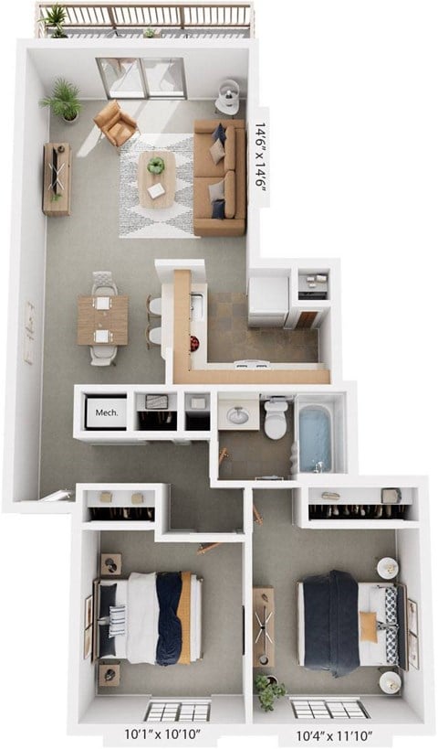 Floor plan for 2 beds, 1 bath, 838 sqft