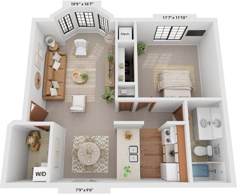 Floor plan for 1 bed, 1 bath, 778 sqft