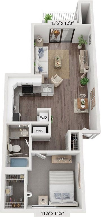 Floor plan for 1 bed, 1 bath, 729 sqft