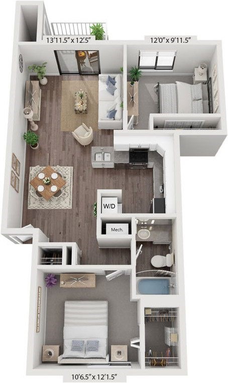 Floor plan for 2 beds, 1 bath, 919 sqft