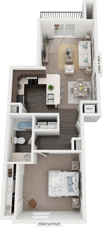 Floor plan for 1 bed, 1 bath, 897 sqft