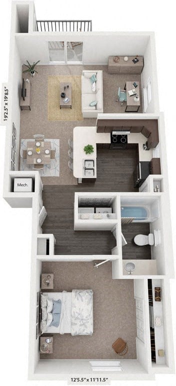 Floor plan for 1 bed, 1 bath, 843 sqft