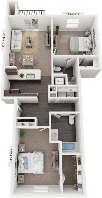 Floor plan for 2 beds, 2 baths, 1087 sqft