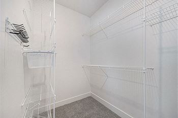 A walk-in closet with wardrobe organizers