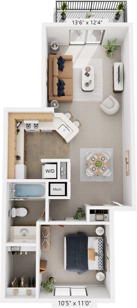 Floor plan for 1 bed, 1 bath, 734 sqft