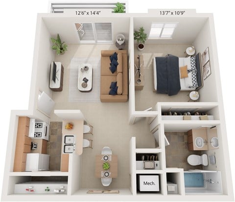 Floor plan for 1 bed, 1 bath, 626 sqft