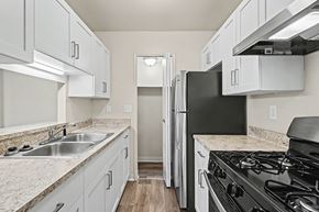 Lansing apartment for rent - An upgraded gallery style kitchen with stainless steel appliances and a pantry at Trappers Cove Apartments, Lansing