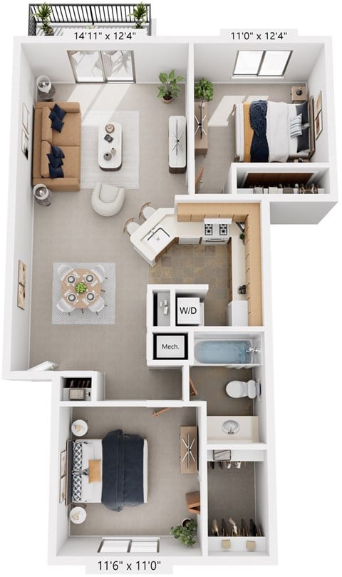 Floor plan for 2 beds, 1 bath, 919 sqft