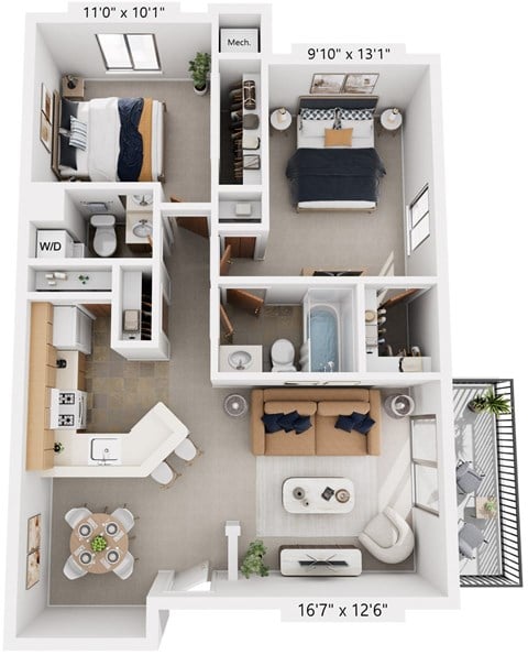 Floor plan for 2 beds, 1.5 baths, 835 sqft