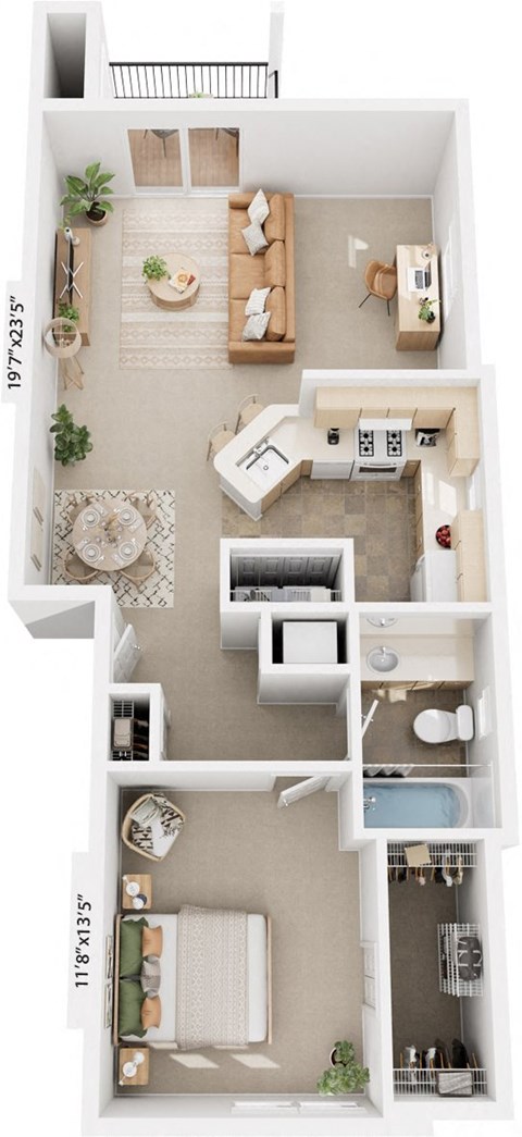 Floor plan for 1 bed, 1 bath, 851 sqft