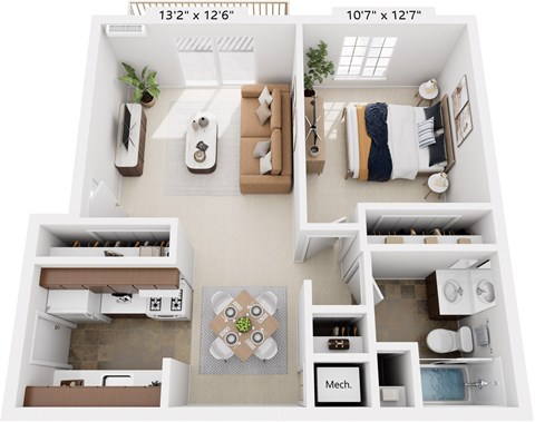 Floor plan for 1 bed, 1 bath, 626 sqft