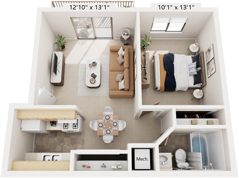 Floor plan for 1 bed, 1 bath, 570 sqft