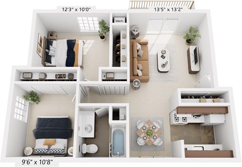 Floor plan for 2 beds, 1 bath, 817 sqft