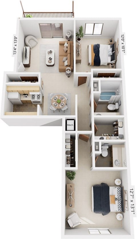 Floor plan for 2 beds, 1.5 baths, 919 sqft