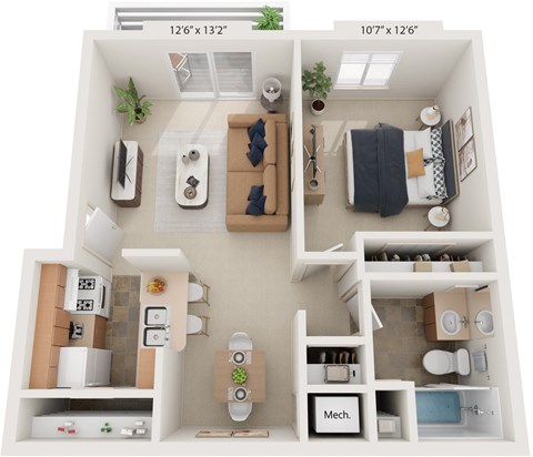 Floor plan for 1 bed, 1 bath, 626 sqft