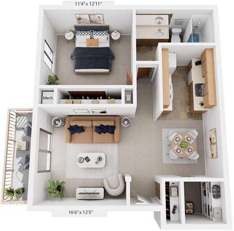 Floor plan for 1 bed, 1 bath, 716 sqft