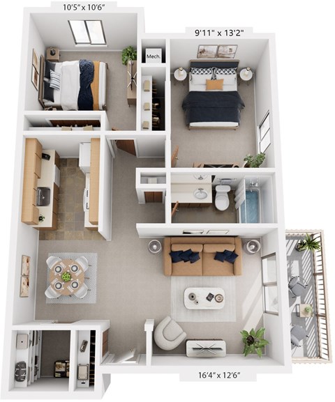 Floor plan for 2 beds, 1 bath, 901 sqft
