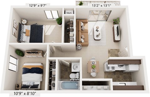 Floor plan for 2 beds, 1 bath, 734 sqft