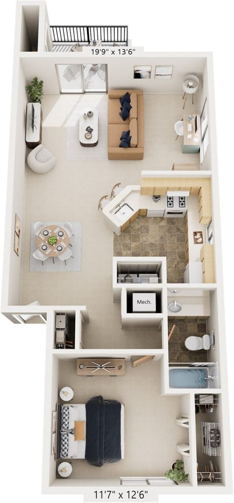Floor plan for 1 bed, 1 bath, 815 sqft