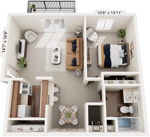 Floor plan for 1 bed, 1 bath, 626 sqft