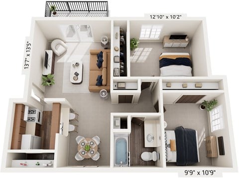 Floor plan for 2 beds, 1 bath, 874 sqft
