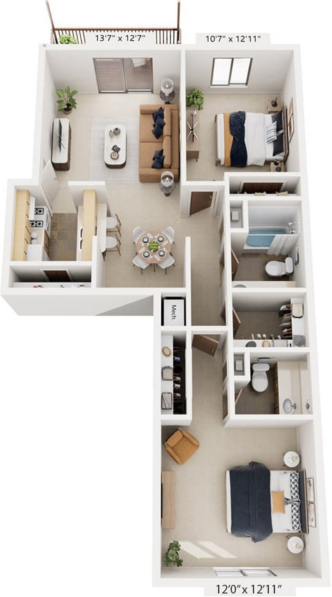 Floor plan for 2 beds, 1.5 baths, 921 sqft